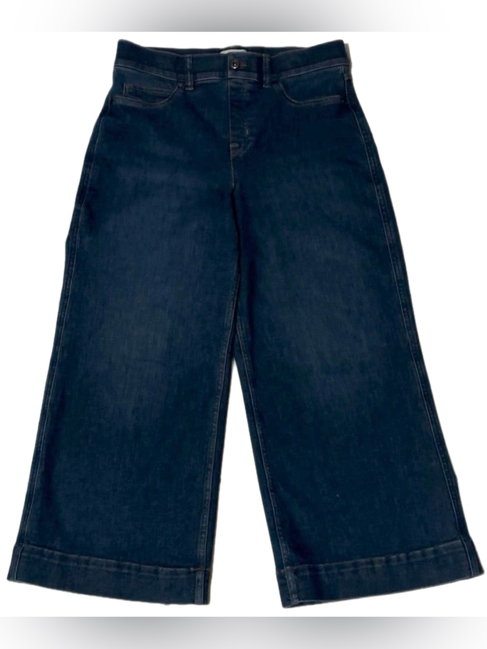SPANX Women Dark Wash Wide-Leg Pull On High Rise Jeans Stretch Fabric Size L